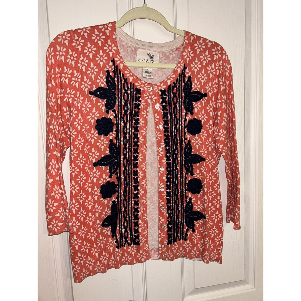 Tabitha Sweater Women's size M 3/4 Sleeves And Button Down The Front Appliqué